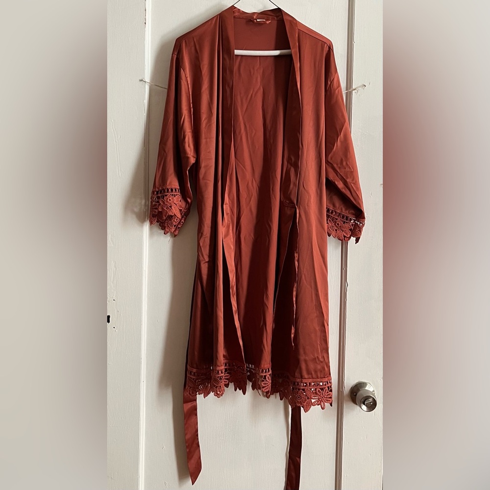 Silk Kimono Robe with Lace Trim in Burnt Orange
